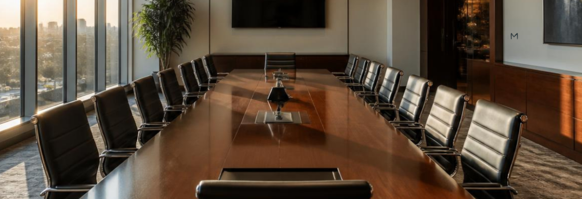 Empty boardroom table and chairs in a corporate office