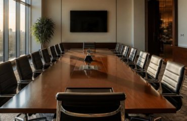 Empty boardroom table and chairs in a corporate office