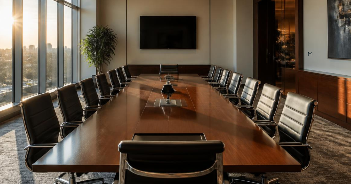 Empty boardroom table and chairs in a corporate office